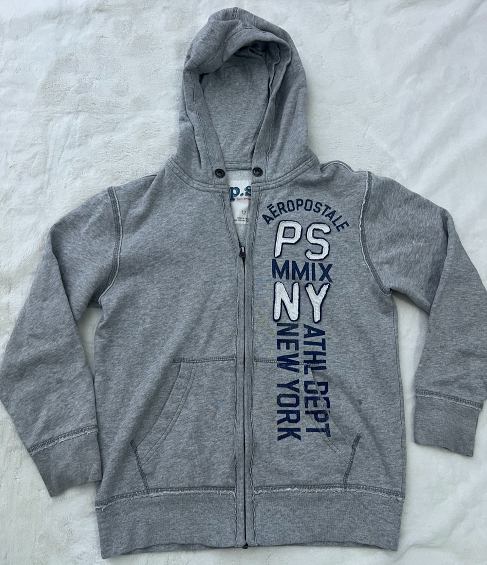 Aeropostale PS NY Kids Hoodie Youth Size 12 Gray Full Zip Sweatshirt Jacket Top